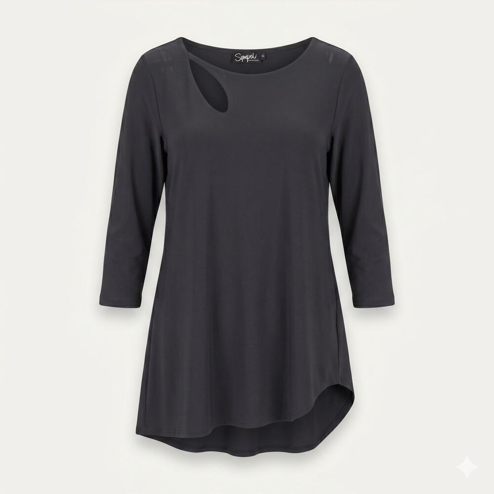 Sympli Womens 12 Minimalist Lagenlook Artsy Cutout 3/4 Sleeve Asymmetric Top